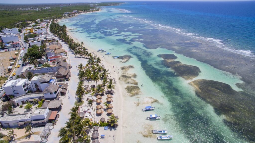 Mahahual town Mayan coast with drone